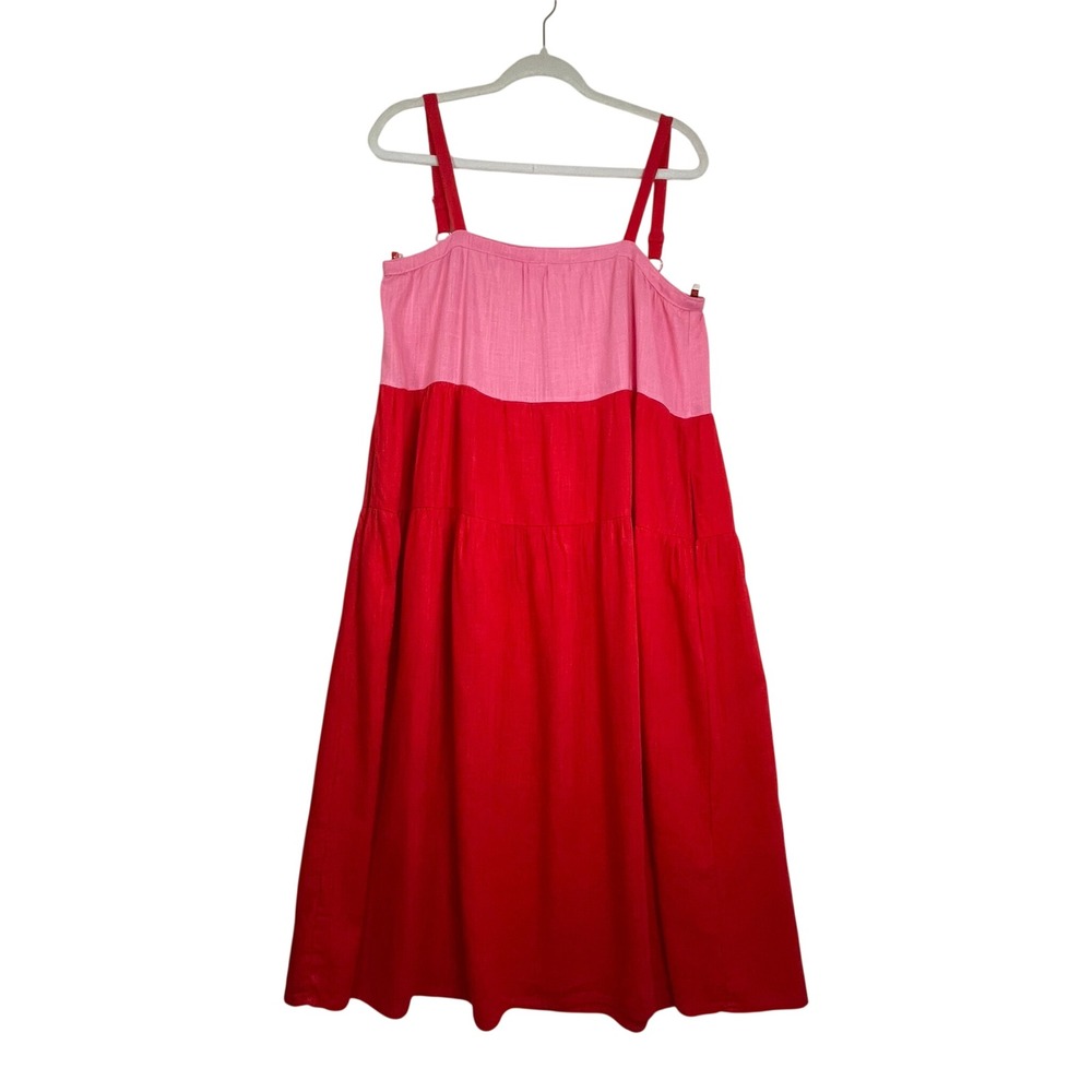 Petal + Pup Pink Red Color‎ Block Tiered Linen Blend Midi Dress Womens Size S